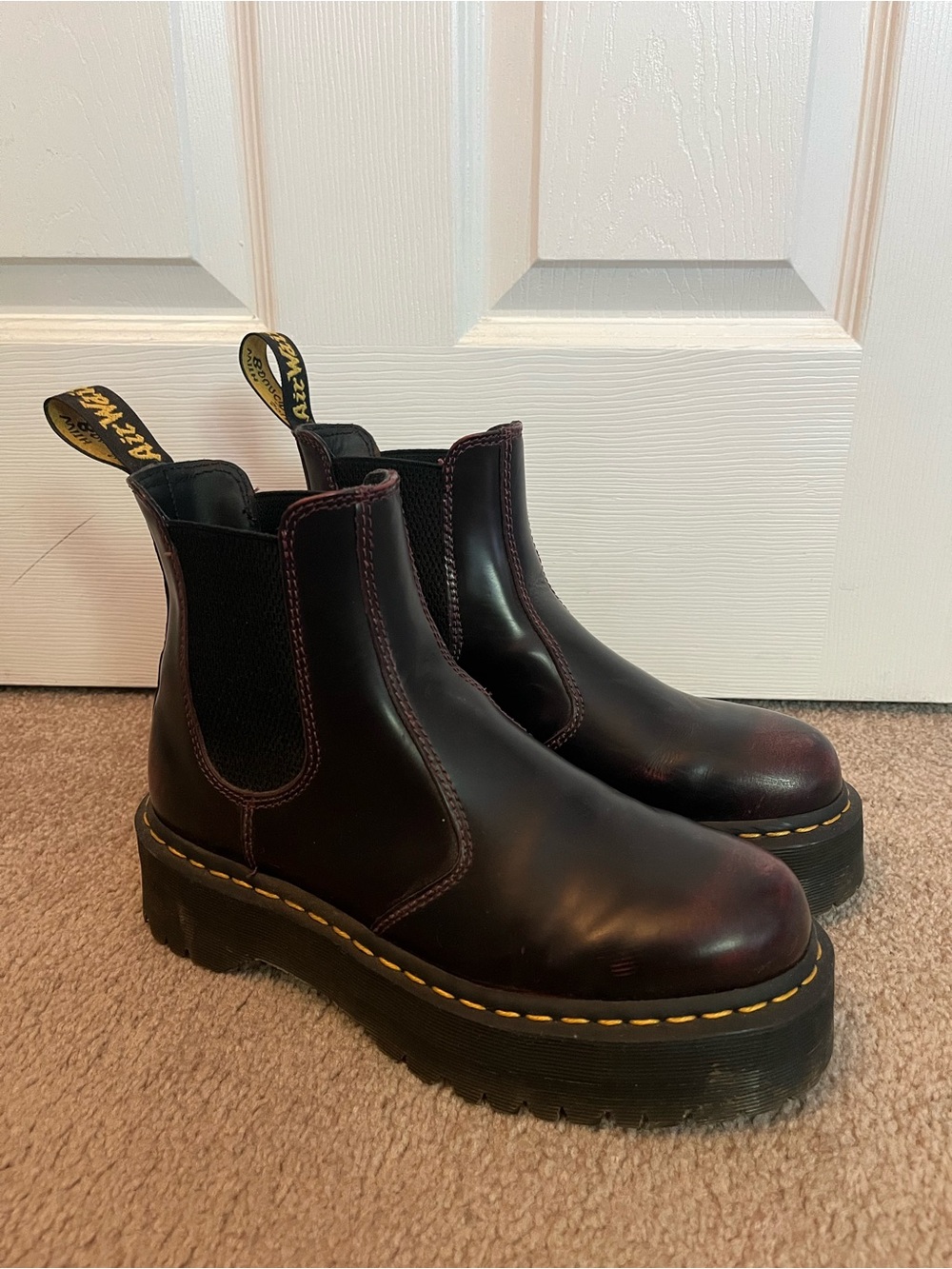 Dr. Martens Platform Chelsea Boots in Dark Cherry with Yellow Stitching